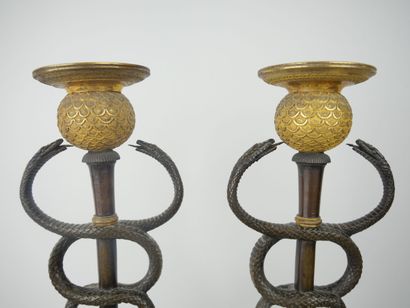 null Pair of rare bronze torches with brown patina, gilt bronze and cherry red marble,...