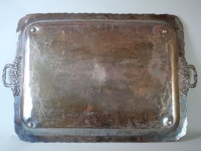 null Large rectangular silver plated serving tray with central engraved decoration...