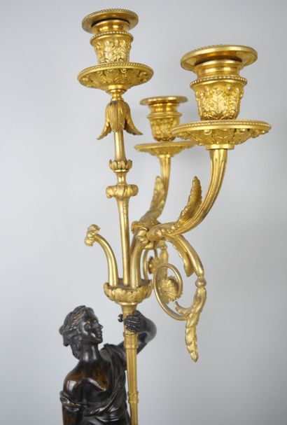 null Pair of large candelabras with four arms of light in white marble, gilt bronze...