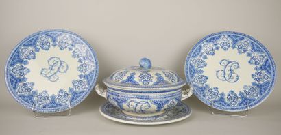 null GIEN 

Part of earthenware service with blue white decoration of foliage, monogrammed...