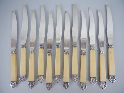 null Suite of 12 fruit or cheese knives in bone, the blades in silver 925 thousandths,...