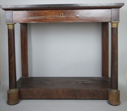 null Rectangular mahogany and mahogany veneer console opening to a drawer in front...