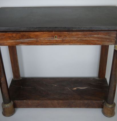 null Rectangular mahogany and mahogany veneer console opening to a drawer in front...