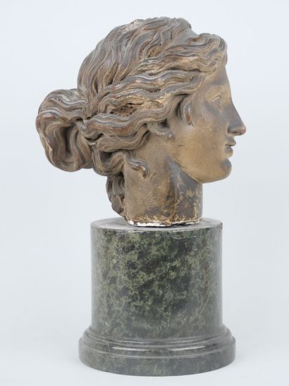 null Female head in patinated terra cotta.

Late 18th-early 19th century.

(Chips).

H...