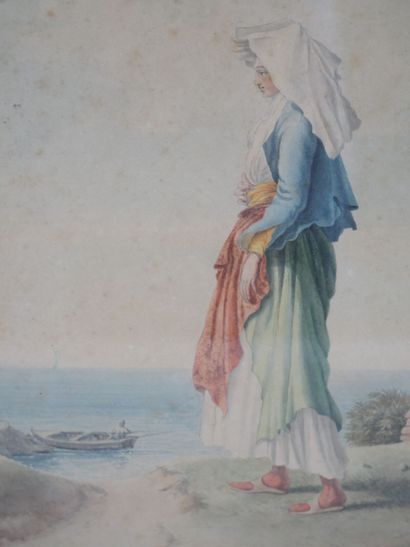 null Italian school of the early 19th century 

Woman with hat at the water's edge

Watercolor...