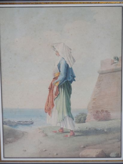 null Italian school of the early 19th century 

Woman with hat at the water's edge

Watercolor...