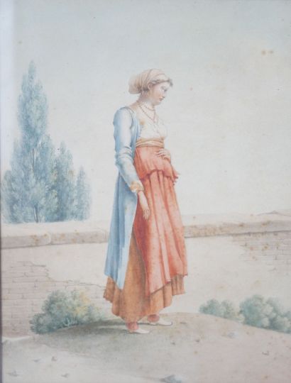 null Italian school of the early 19th century 

Woman with a red dress near a parapet...
