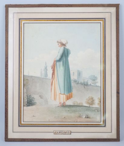 null École italienne du début du XIXème siècle 

Femme de ¾ dans un jardin

Aquarelle...