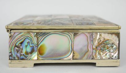 null Rectangular silver plated box with mother of pearl inlay. Mexican work. 

Dimensions...