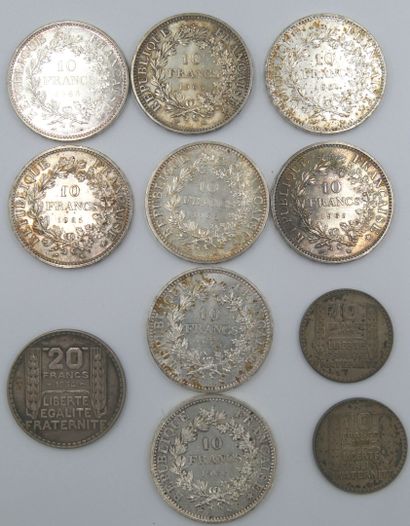 null Ensemble de 11 Monnaies Argent. France. 

2-10 Francs Turin, 1933 et 1934. Poids...