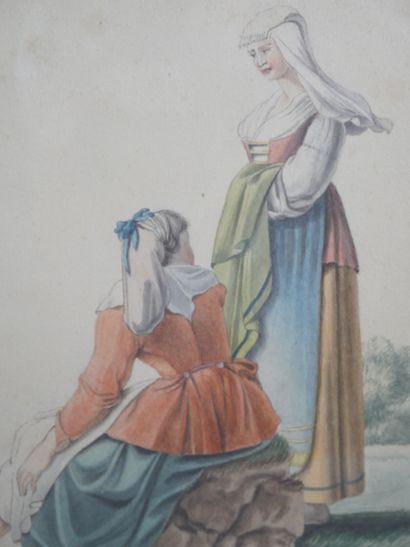 null École italienne du début du XIXème siècle 

Deux femmes discutant 

Aquarelle...