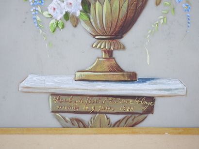 null École française du XIXème siècle 

Bouquet de marié dans un vase sur un entablement...