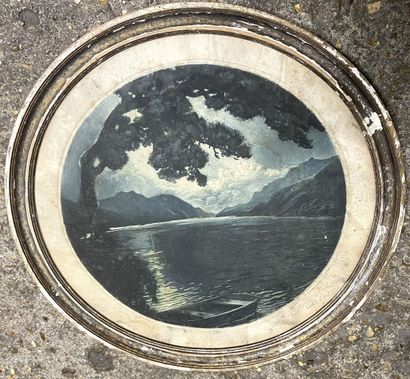 null Pair of engravings, round shape, representing a pond at dusk, published by Trèfle...