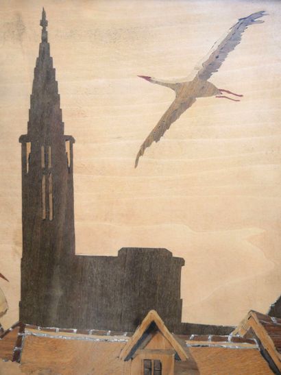 null LUX (XXth), Alsatian school,

View of a church and storks in Alsace, 

Marquetry...