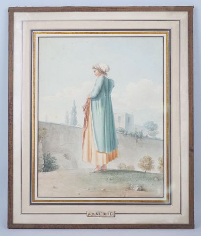 null Italian school of the early 19th century 

Woman of ¾ in a garden

Watercolor...