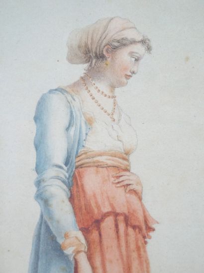 null Italian school of the early 19th century 

Woman with a red dress near a parapet...