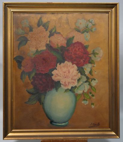 null École du XXème siècle,

Bouquet de fleurs dans un vase bleu,

Huile sur toile...