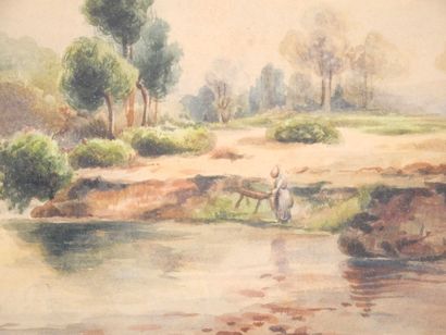 null School of the XIXth century, 

Animated country landscape,

Watercolor on paper...