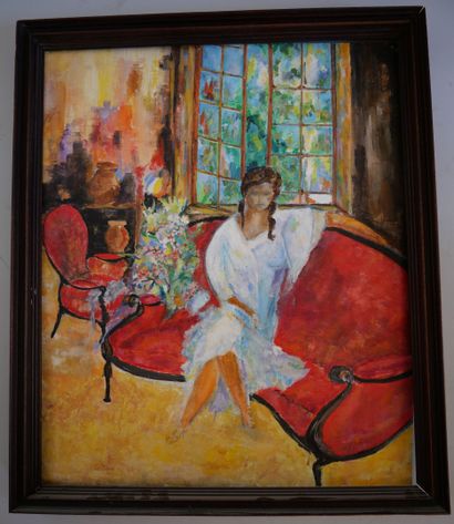 null School of the XXth century

Woman in white negligee on red sofa

Oil on canvas...