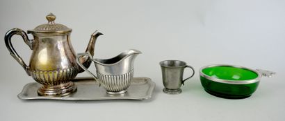 null Set of four pewter pieces including:

- a green tinted glass and pewter bowl,...