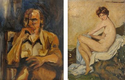 Ecole moderne Deux tableaux: 1/Nu féminin. Huile sur toile. 48 x 33 cm. Manques....