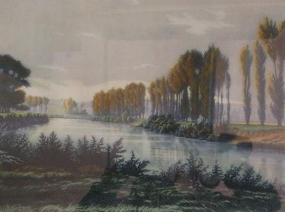 Victore LOCHELONGUE (1870-?) Bord de rivière. Lithographie signée en bas à droite....