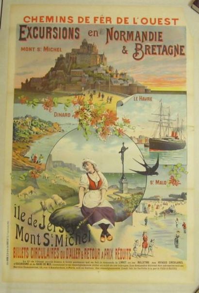 null AFFICHE: CHEMINS DE FER DE L'OUEST, Anonyme vers 1895. Excursions en Normandie...
