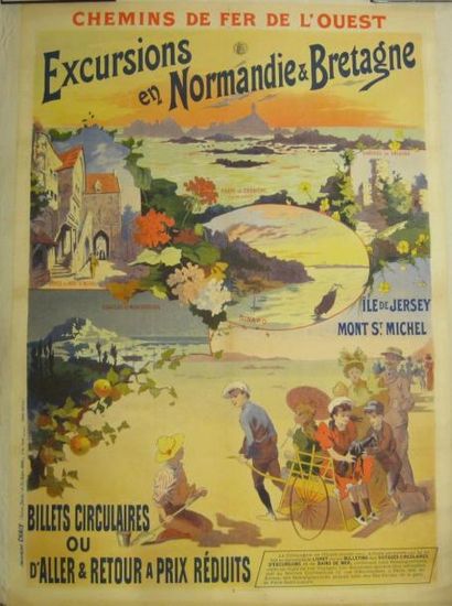 null AFFICHE: CHEMINS DE FER DE L'OUEST, Anonyme vers 1900. Excursions en Normandie...