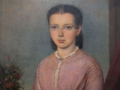 null École du XIXème siècle 

Portrait de jeune femme à la robe rose 

Huile sur...