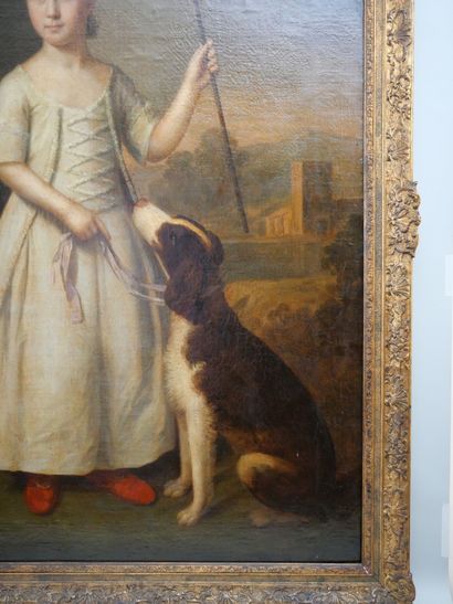 null École Anglaise du XVIIIème siècle vers 1760. 
Jeune fille dressant son chien
Dimensions...