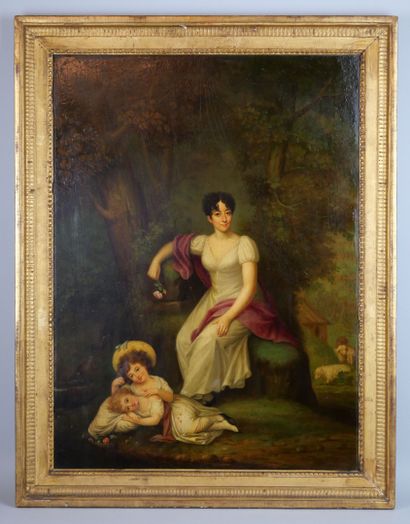 null École française vers 1800
Jeune femme à la rose entourée de ses deux enfants....