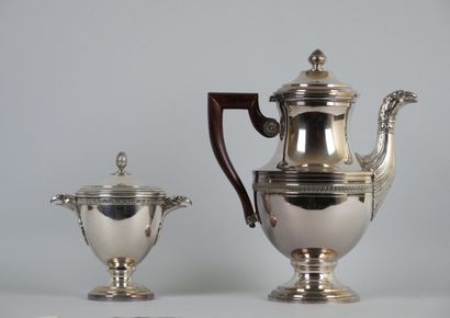 null Covered silver plated coffee pot and sugar bowl decorated with ovals, handles...