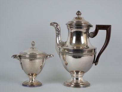 null Covered silver plated coffee pot and sugar bowl decorated with ovals, handles...