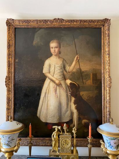 null École Anglaise du XVIIIème siècle vers 1760. 
Jeune fille dressant son chien
Dimensions...