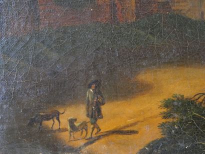 null École du XIXème siècle. Suiveur de Ludolf DE JONGH (1616-1679) 
Le promeneur
Huile...