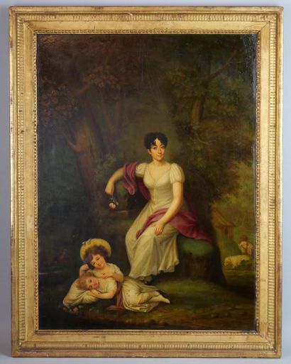 null École française vers 1800
Jeune femme à la rose entourée de ses deux enfants....