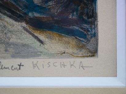 null Isis KISCHKA (1908-1973)
Scène de village 
Gravure en couleurs signée en bas...