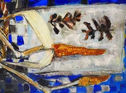 null Jacques HALLEZ (Né en 1923)
Pommes de pin et maïs 
Huile sur toile signée en...