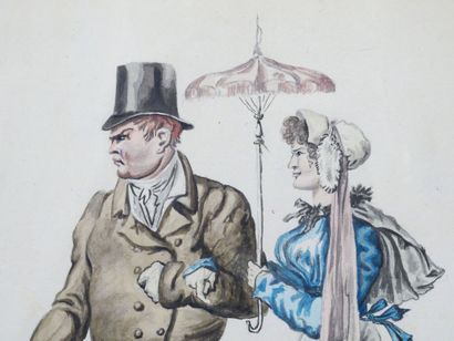 null École du XIXème siècle 
Couple aux ombrelles 
Aquarelle sur papier 
Dimensions :...
