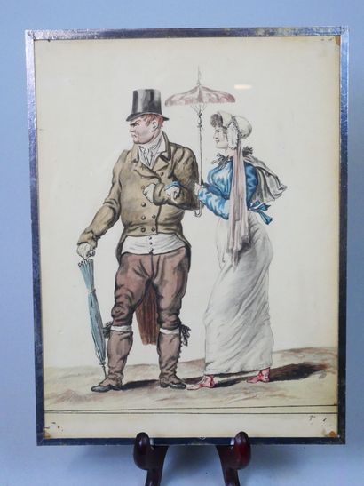 null École du XIXème siècle 
Couple aux ombrelles 
Aquarelle sur papier 
Dimensions :...
