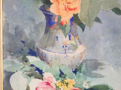 null École du XXème siècle. 
Bouquet de fleurs
Aquarelle sur papier. Porte une signature...