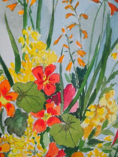 null Madeleine BODARD (1906-1987) 
Vase aux fleurs jaunes 
Deux aquarelles et crayon...