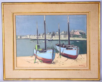 null Robert HUMBLOT (1907-1962) 
Deux bateaux amarrés en Bretagne 
Huile sur toile...