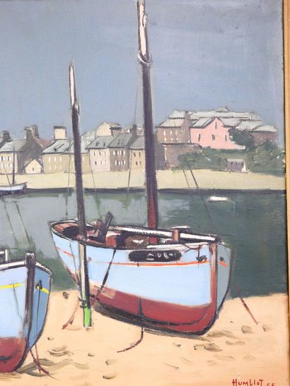 null Robert HUMBLOT (1907-1962) 
Deux bateaux amarrés en Bretagne 
Huile sur toile...