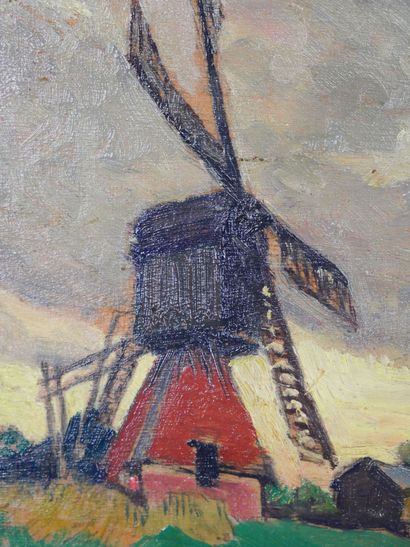 null École du XXème siècle 
Moulin à Dordrecht 
Huile sur panneau. Porte une trace...