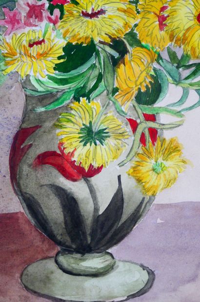 null Madeleine BODARD (1906-1987) 
Vase aux fleurs jaunes 
Deux aquarelles et crayon...