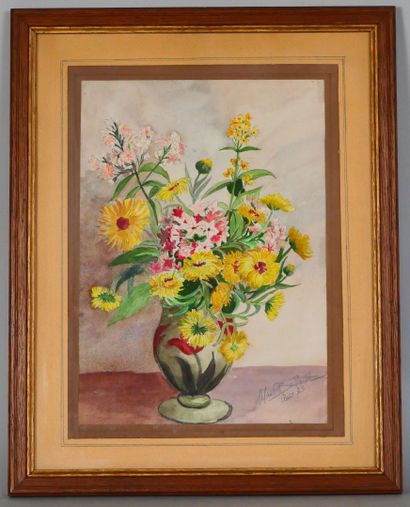 null Madeleine BODARD (1906-1987) 
Vase aux fleurs jaunes 
Deux aquarelles et crayon...