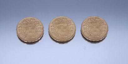 null Ensemble de 3 Monnaies Or - Suisse.
3-20 Francs 1930.
Poids total : 19,34grs.

FRAIS...
