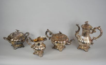 null Service tea and coffee in silver plated metal with decoration of godrons, the...