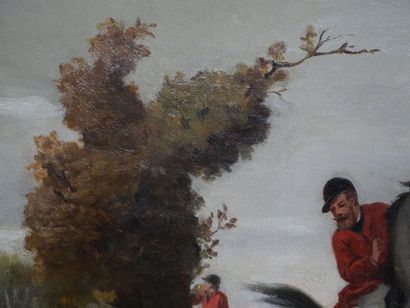 null English school of the 19th century 
Hunting scene 
Oil on canvas 
Size : 32,5...
